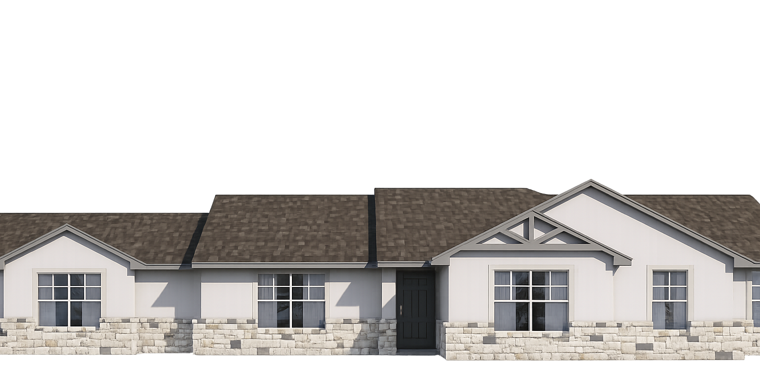 Single-story modern suburban house with stone accents and a dark roof, front view
