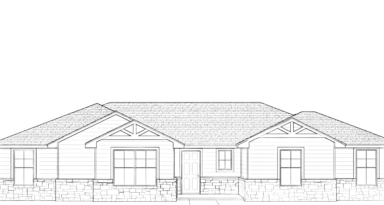 Black-and-white architectural sketch of a single-story house with a low-pitched roof and front porch.