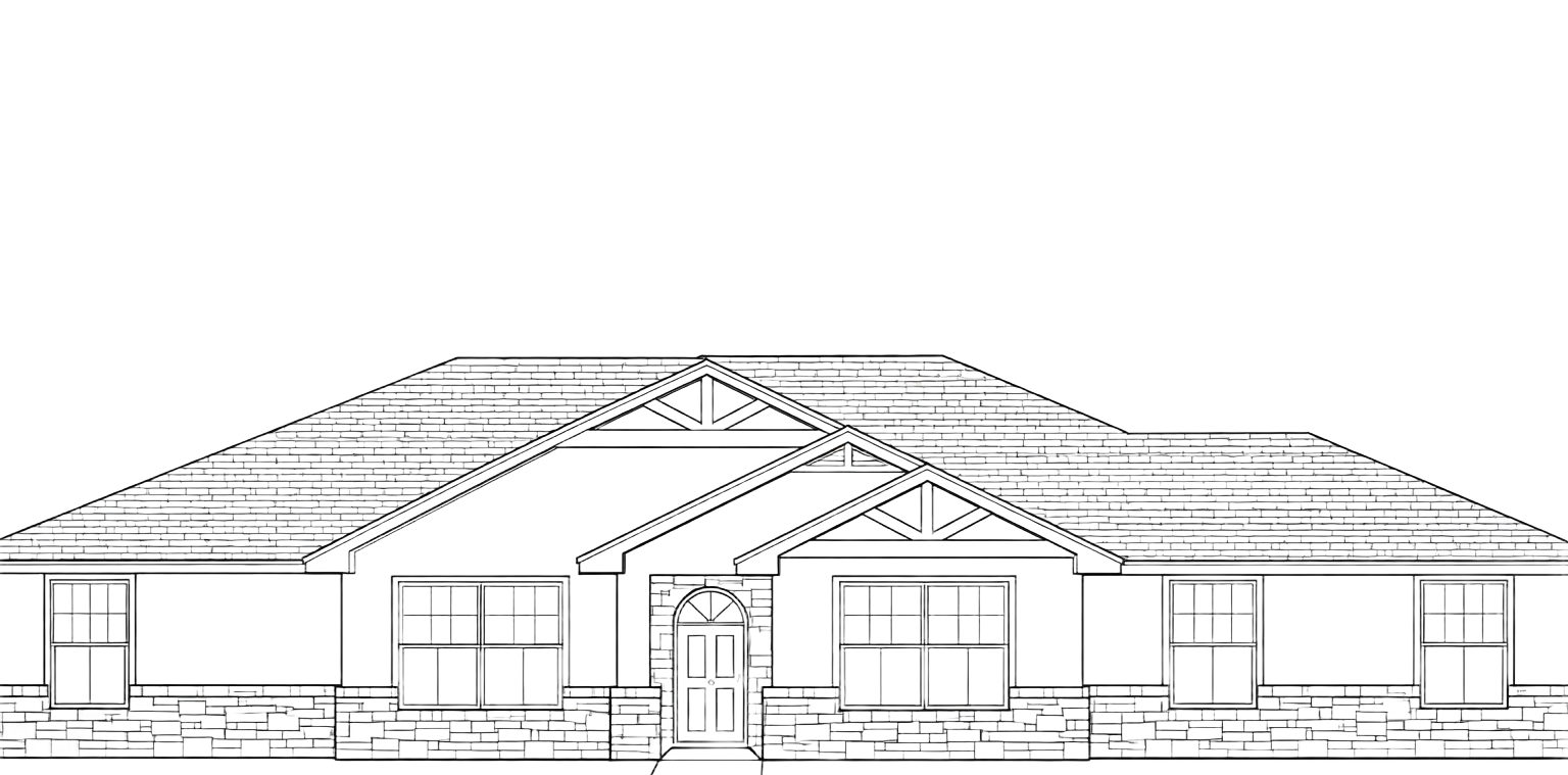 Front elevation sketch of a single-story house with a gabled roof and front porch.