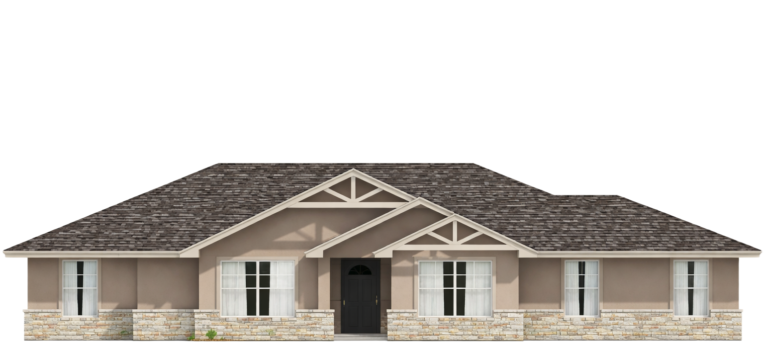 Single-story stone and beige house with a dark shingled roof and centered front entrance
