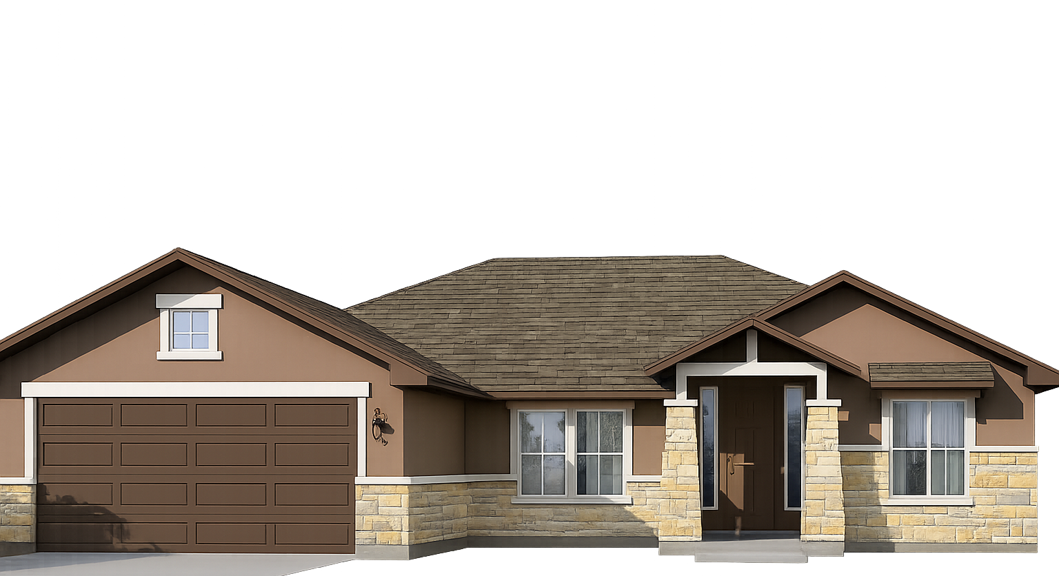 Single-story suburban house with brown garage door, stone facade, and front porch
