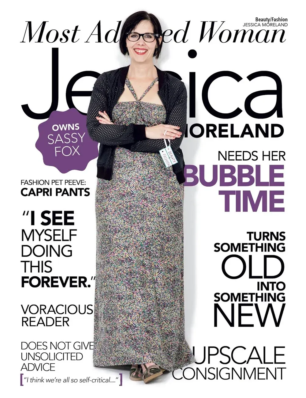 Magazine cover featuring a woman in a long dress, arms crossed, with text overlay.
