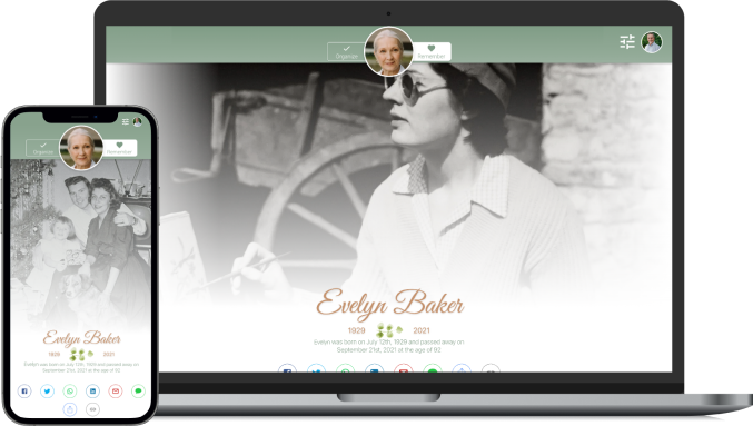 Laptop and phone displaying a monochrome memorial-style profile page with a woman’s portrait and name