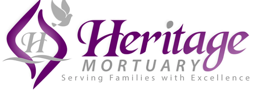 Heritage Mortuary logo with purple stylized emblem and gray text, “Serving Families with Excellence.”