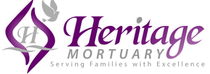 Heritage Mortuary logo with purple stylized emblem and gray text, “Serving Families with Excellence.”