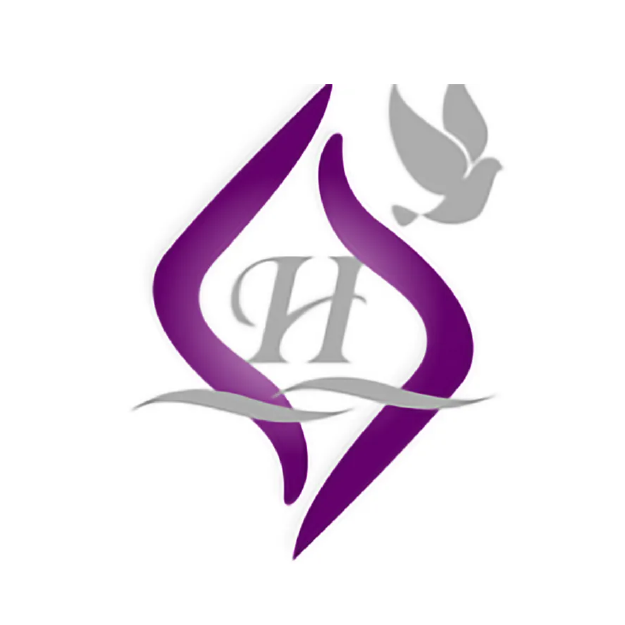 Purple abstract logo with stylized H and gray dove on white background