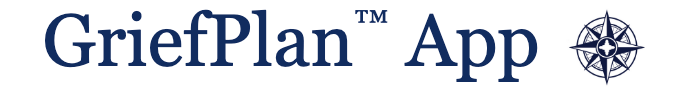 GriefPlan App logo with blue text and compass icon on white background