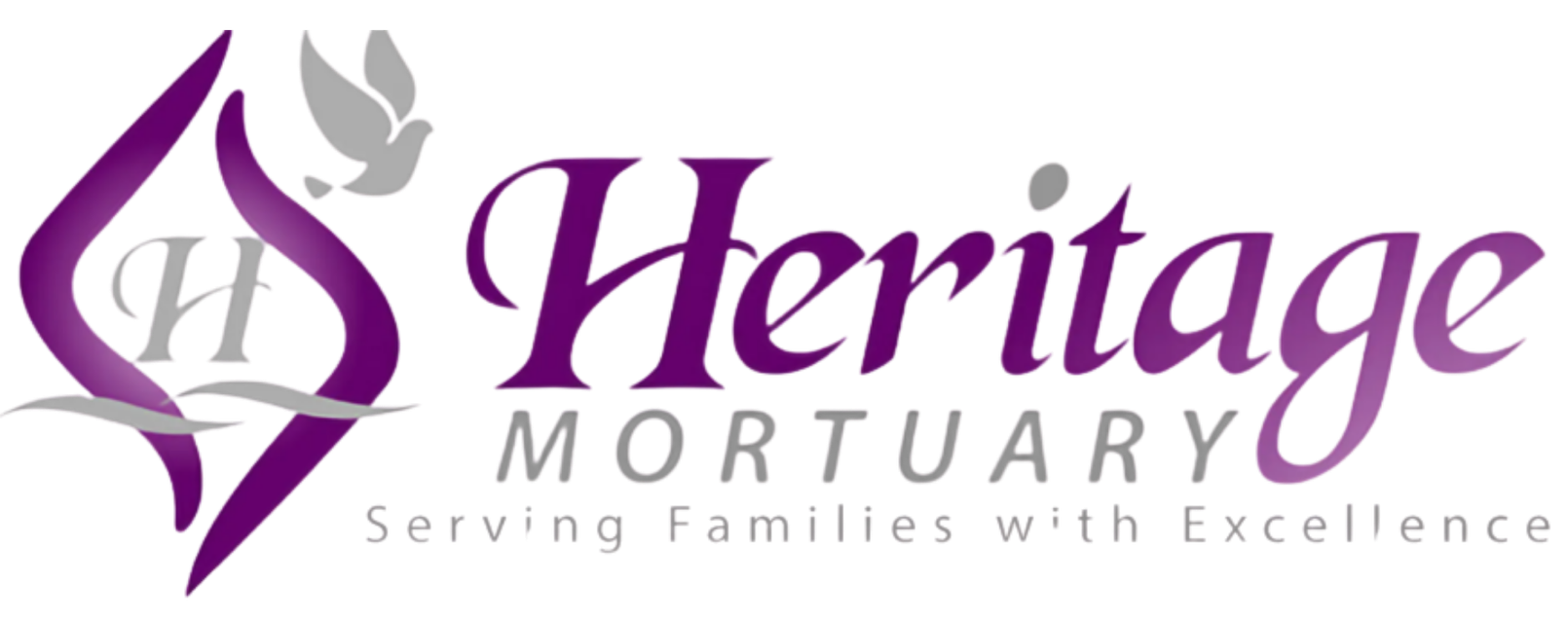 Heritage Mortuary logo in purple and gray with flame and cross icon
