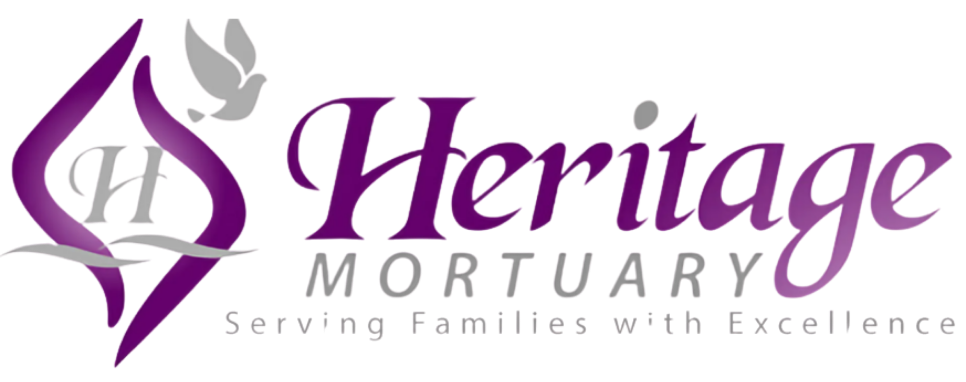 Heritage Mortuary logo in purple and gray with flame and cross icon