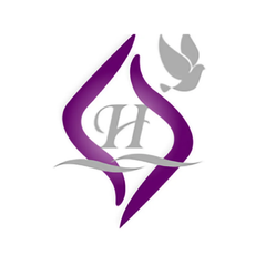 Purple and gray abstract logo with an “H” and a dove silhouette