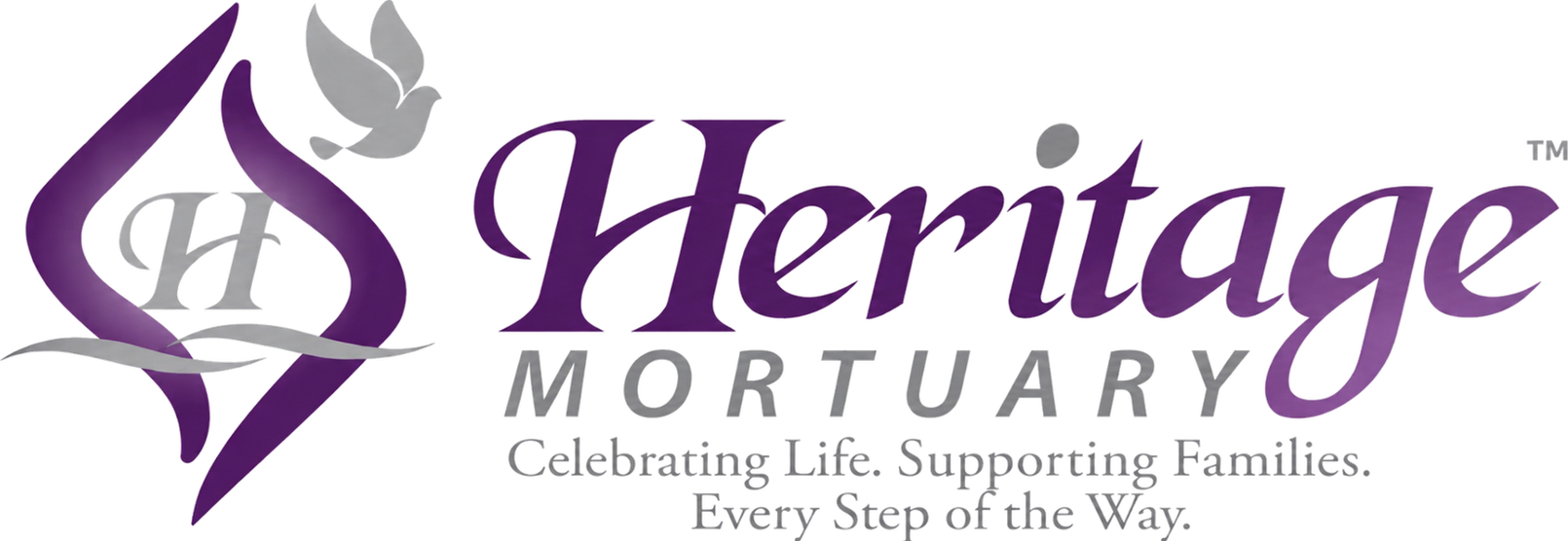 Heritage Mortuary logo in purple and gray with flame and cross icon