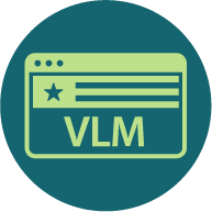 Teal circular VLM badge with a stylized browser window and star icon.