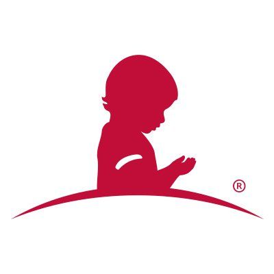 Red silhouette of a child in profile over a curved line logo with a registered trademark symbol