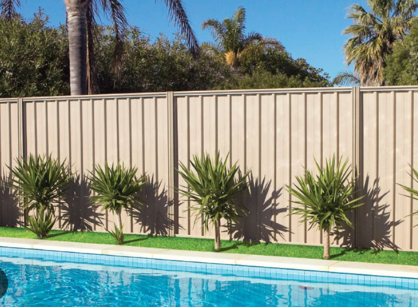 Backyard Pool With Beige Fence, Palm Trees, and Green Shrubs in Bright Sunlight — Fencing Around in Garbutt, QLD