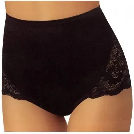 Slip neri a vita alta con inserti decorativi in pizzo sui lati, indossati da una persona.