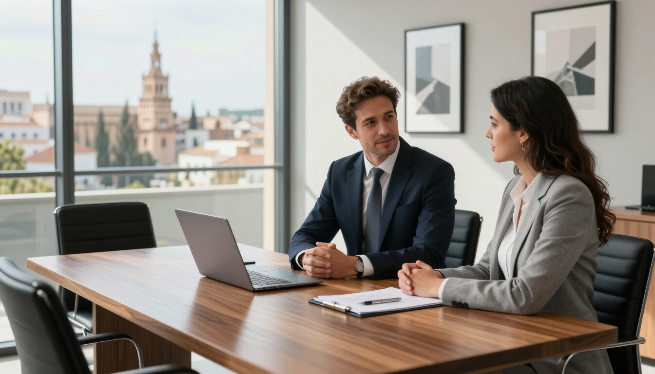 Dos compañeros de trabajo conversando en una mesa de conferencias en una oficina luminosa, con un ordenador portátil y vistas a la ciudad.