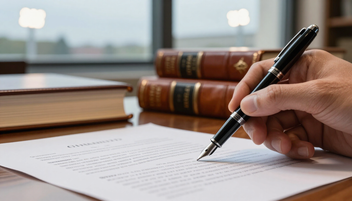 Escritura a mano con bolígrafo en un documento junto a una pila de libros sobre un escritorio.