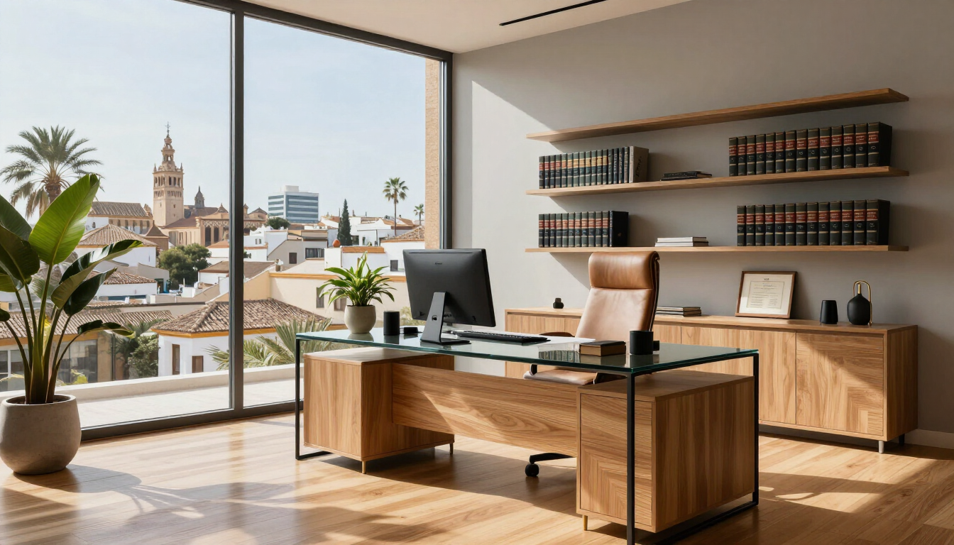 Oficina moderna en casa con escritorio de madera, ordenador, estanterías y vistas a la ciudad a través de grandes ventanales.