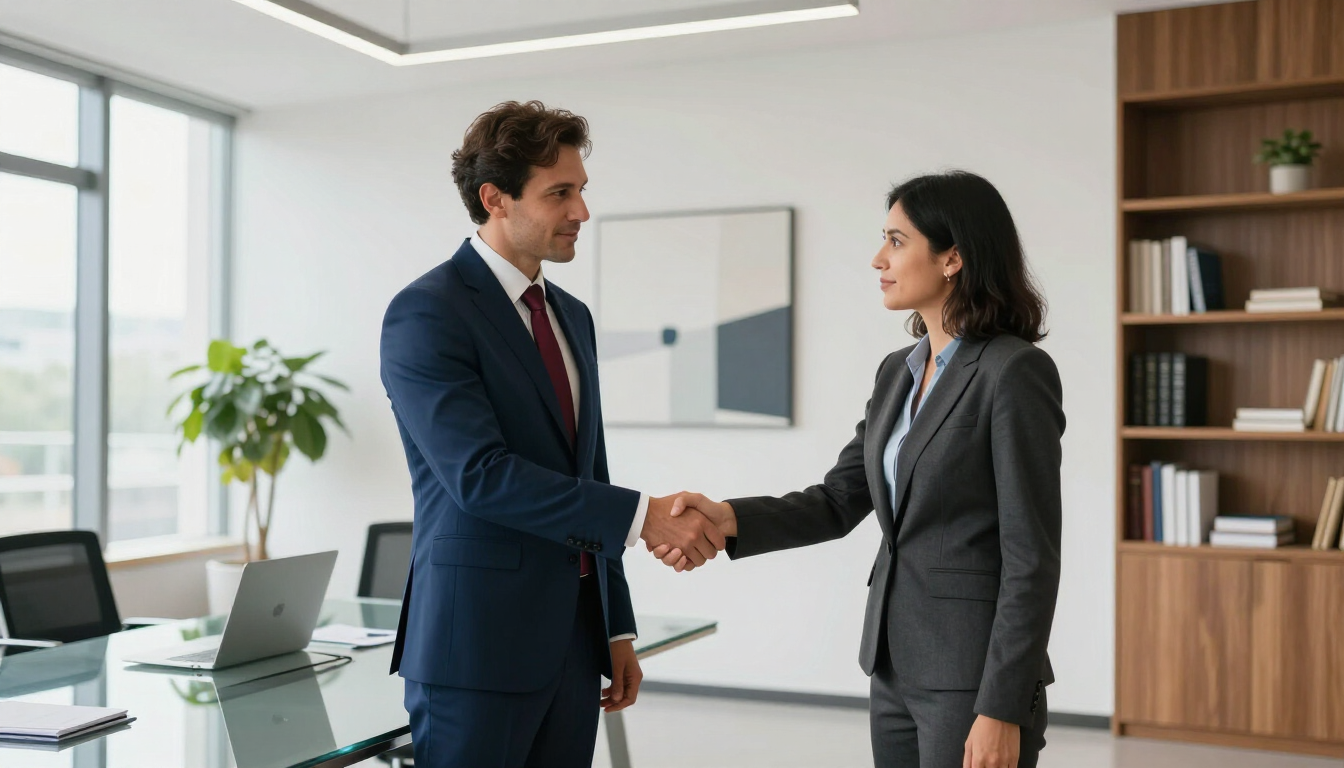 Dos profesionales dándose la mano en una oficina luminosa, con escritorios, una planta y estanterías al fondo.