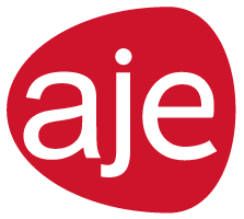 Logotipo rojo con las letras minúsculas blancas “aje” dentro de una forma redondeada irregular.