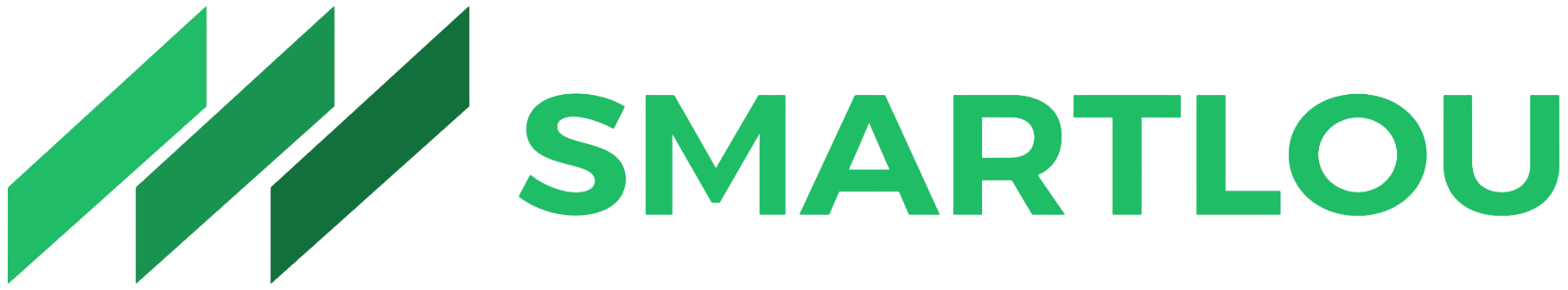 Logotipo de SMARTLOU con rayas verdes estilizadas y texto turquesa sobre fondo blanco.