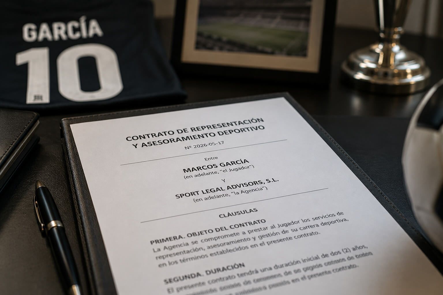 Un contrato de fútbol sobre un escritorio junto a un bolígrafo, una camiseta y un trofeo.