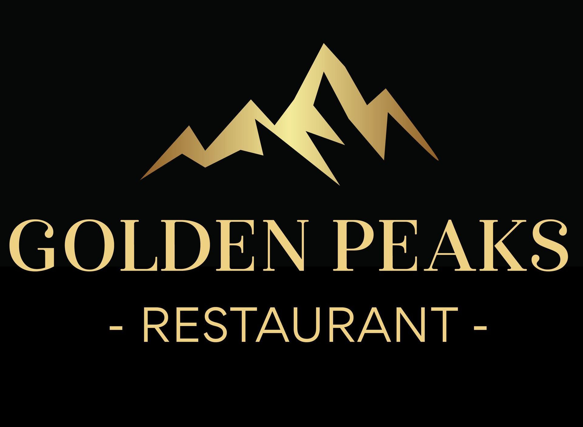 Golden Peaks Restaurant logo: gold mountain peaks over gold text on black background.