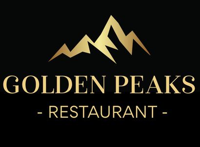 Golden Peaks Restaurant logo: gold mountain peaks over gold text on black background.