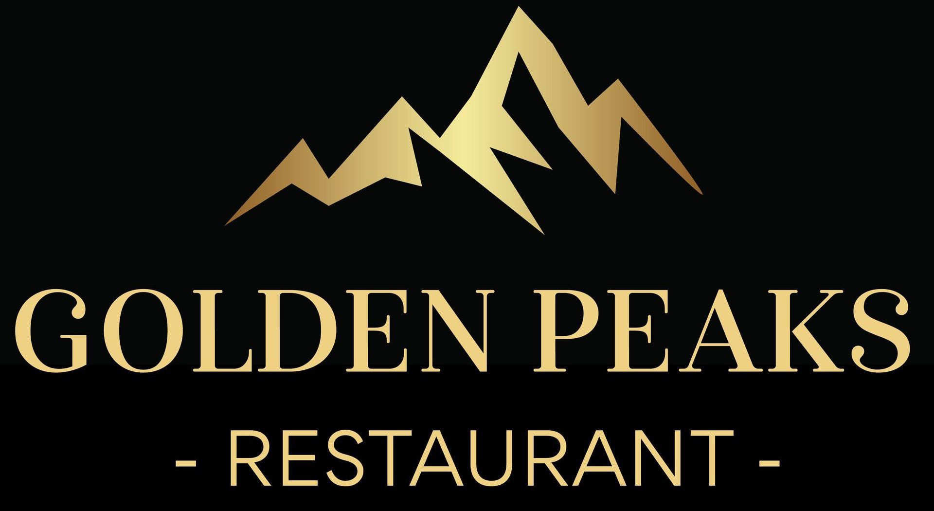 Golden Peaks Restaurant logo: gold mountain peaks over gold text on black background.