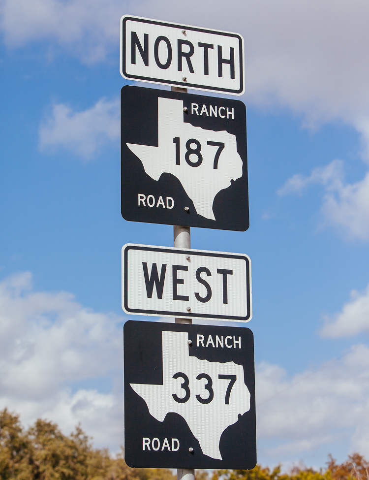 Three texas road signs are stacked on top of each other