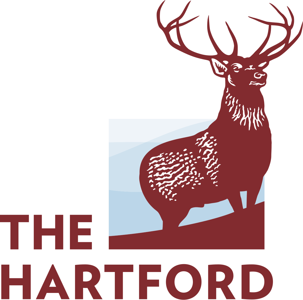 The Hartford logo: a dark red elk standing on a hill against a light blue square, with the text 