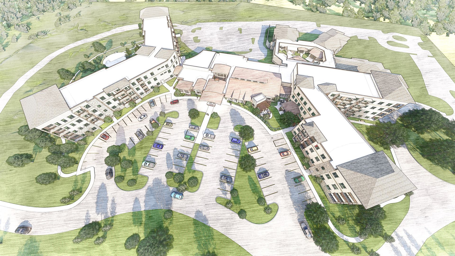 An aerial view of a large senior retirement community from Rheinlander architecture