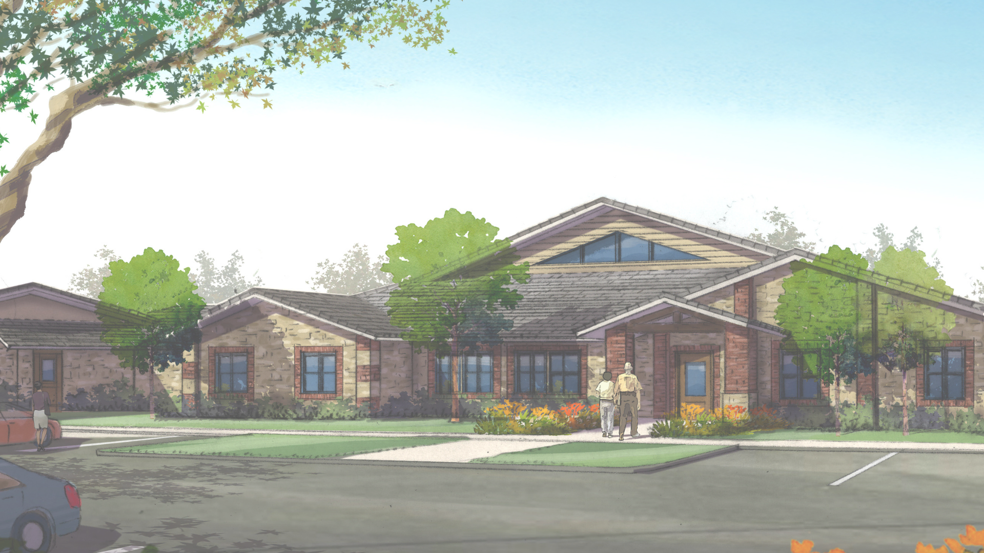 An architect's rendering of a senior living community with a car parked in front of it