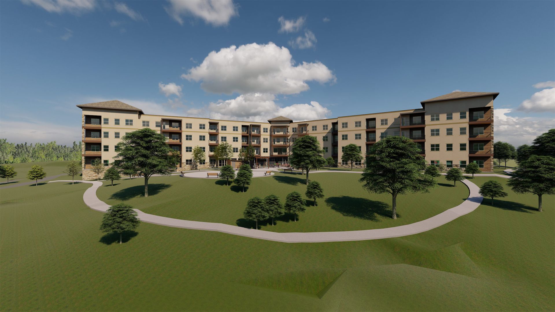 A rendering of a large senior care center surrounded by trees and a path.