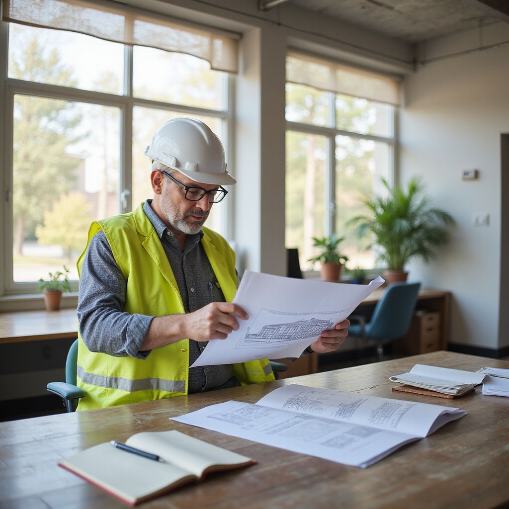 Engineer in a hard hat and safety vest reviewing blueprints at a desk in a bright office