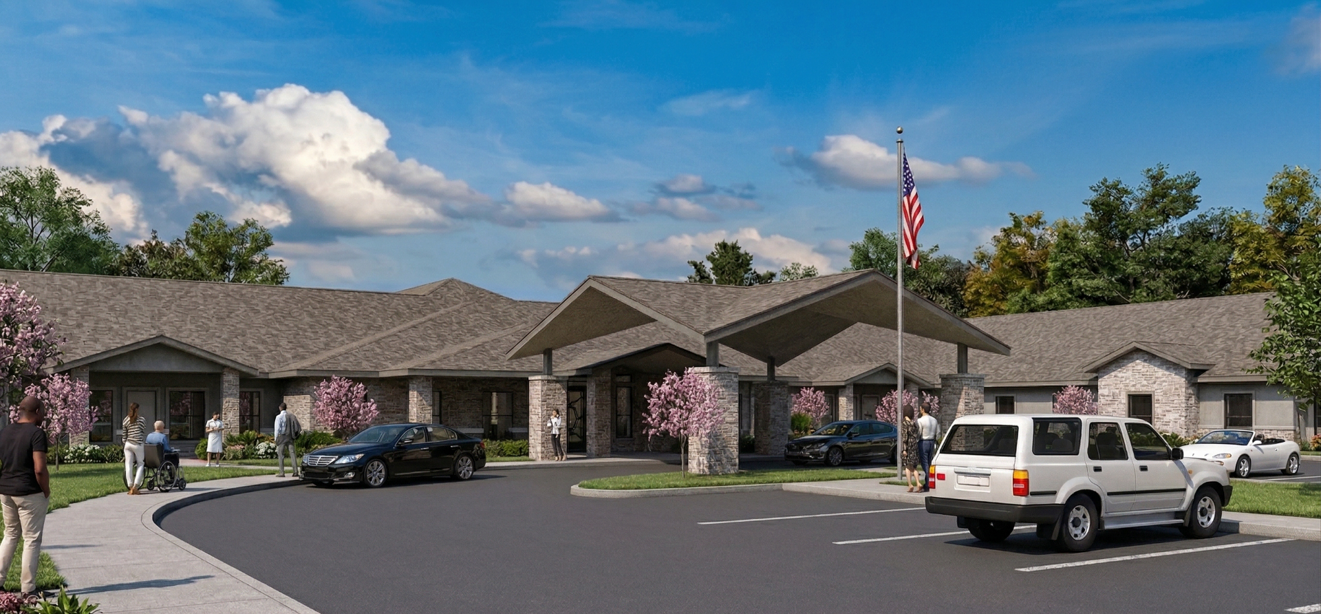 Single-story Senior care facility with parked cars, American flag, and flowering shrubs in front