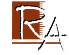 Stylized white “R A” logo on a brown square with ruler-like markings