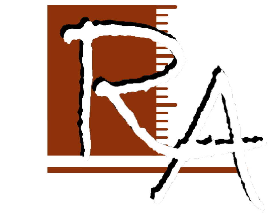 Stylized white &ldquo;R A&rdquo; logo on a brown square with ruler-like markings