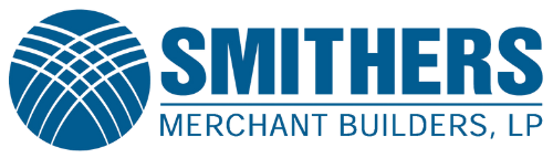 The smithers merchant builders logo is blue and white