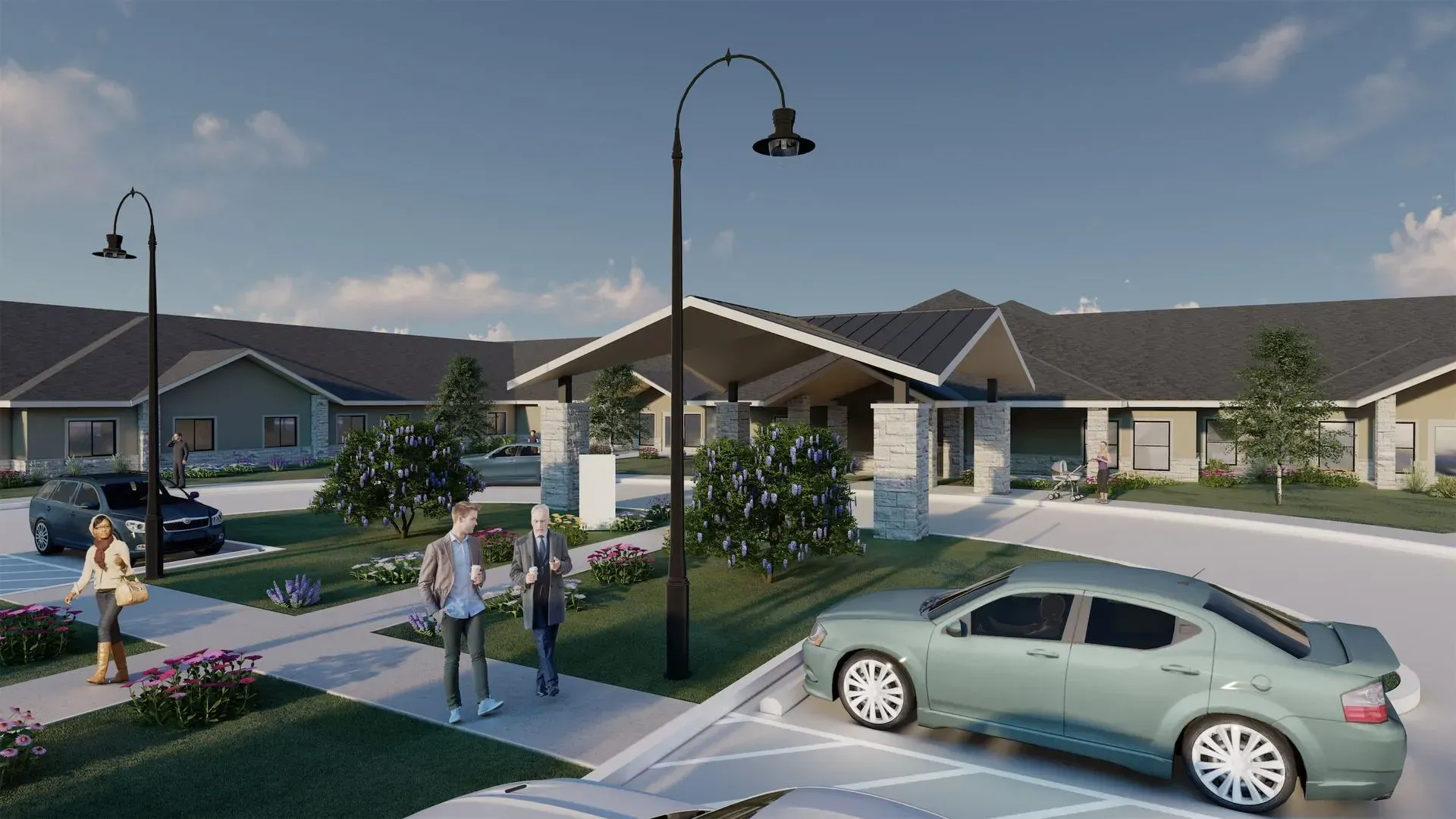 Suburban neighborhood with people walking on sidewalks and cars parked outside modern homes at sunset