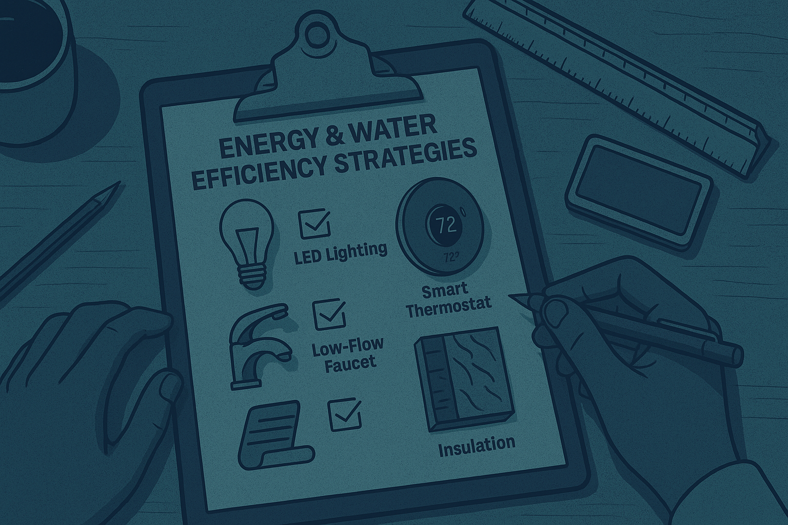 Clipboard titled “Energy & Water Efficiency Strategies” with icons for LED lights, low-flow faucet, and insulation on a desk.