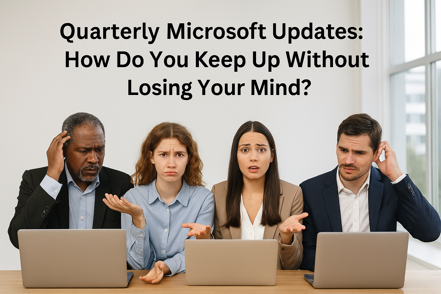 Four office workers looking stressed in front of laptops; text says