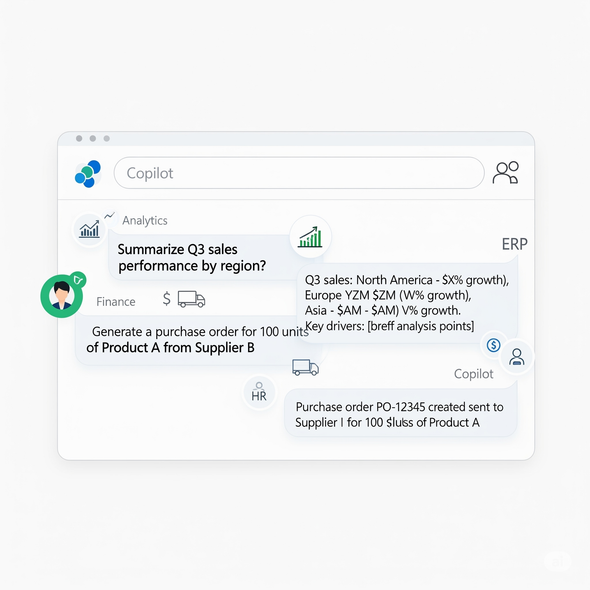A digital assistant interface shows a user interacting with a chatbot, requesting sales data, and generating a purchase order.