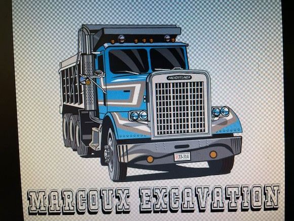 A blue dump truck illustration above the text