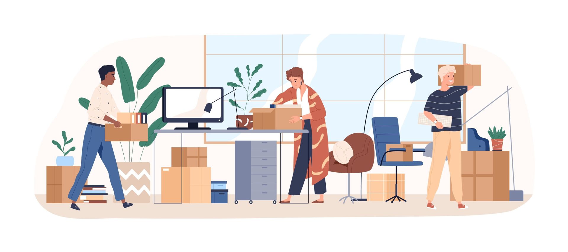 People packing and moving boxes in an office setting.