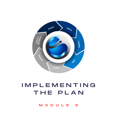CLIMB Cultures logo 9 - Implementing the  Plan -  Logo surrounded by phases of implementation - Assess, Define, Engage, Align, Implement, Measure, and Refine.