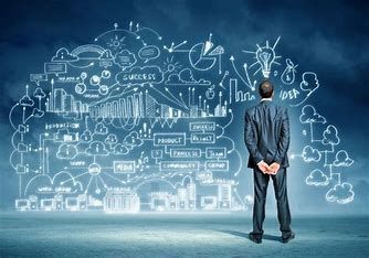 Leader staring at a blackboard of elements contributing to his business.