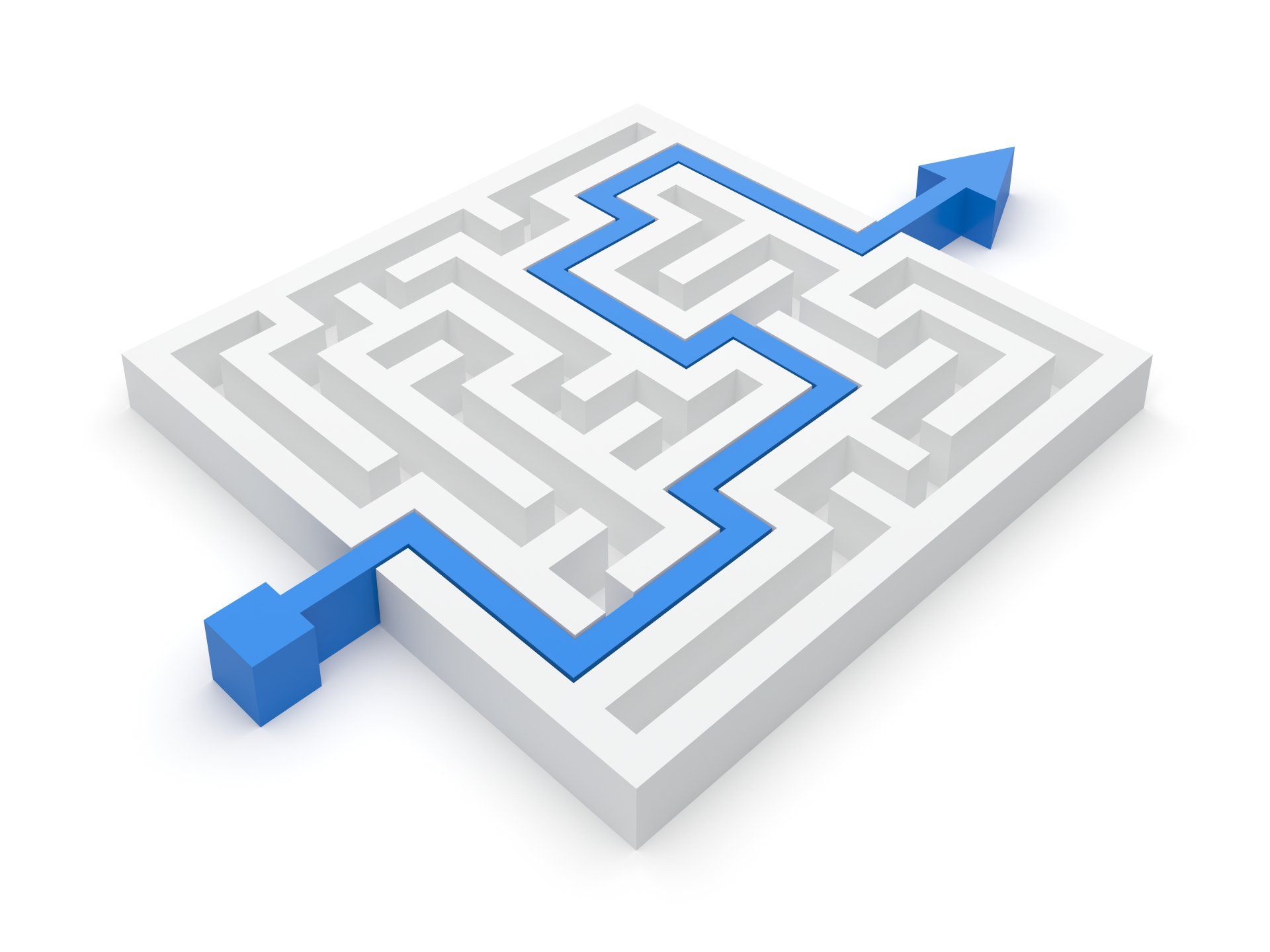 Strength in performance starts with a strong and effective HR strategy. White maze design with blue arrow showing successful path.