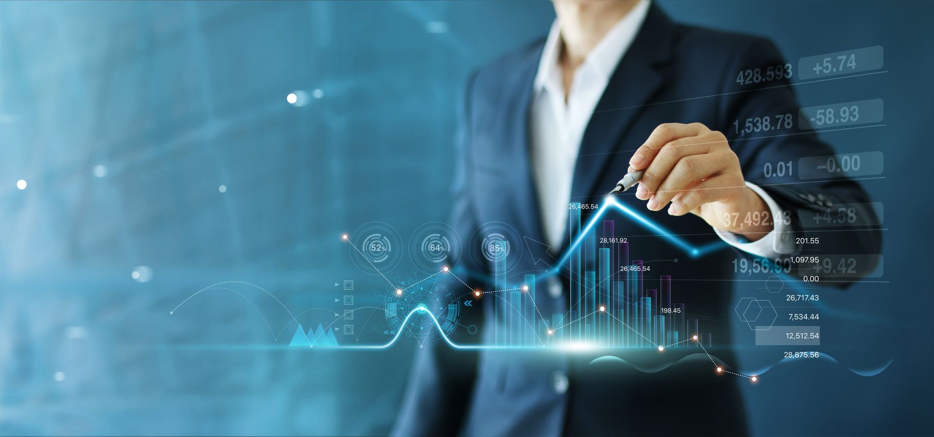 Improve your HR strategy and culture and you improve your business. Individual in a navy blue sport coat and white shirt creating a digital graph suggesting business growth
