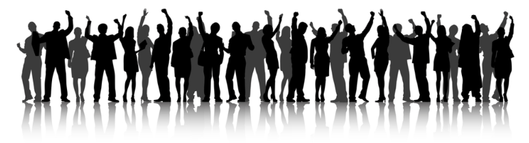 Employee engagement has a major influence on the quality of customer interaction. Understand the employee experience. Silhouette of employees in front of white background raising hands in victory.
